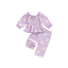 (6-12 Months, Purple) Conjunto de niña: camiseta de manga larga con hombros descubiertos y pantalón floral. Ropa de otoño.