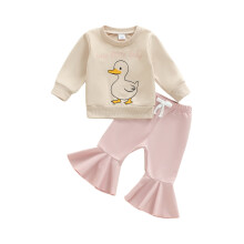 (18-24 Months, Pink) Conjunto otoño niña: sudadera larga con estampado de patitos y pantalones acampanados (2 piezas).