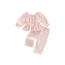 (3-4 Years, Pink) Conjunto de niña: camiseta de manga larga con hombros descubiertos y pantalón floral. Ropa de otoño.