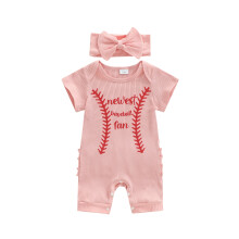 (Newborn, Pink) Baby-Mädchen-Strampler, kurzärmlig, Baseball-Muster, gerippter Rundhalsausschnitt, mit Haarband und Schleife