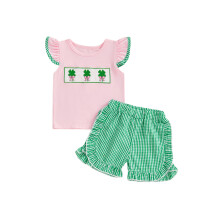 (4-5 Years, Pink) Conjuntos de verano de 2 piezas para niñas: top corto de trébol y pantalones cortos a cuadros.