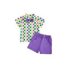 (12-18 Months, Purple) Zomeroutfit peuterjongens: geruit shirt met knopen, omgeslagen hals, korte mouwen en short, 2-delig.