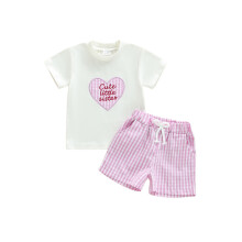 (12-18 Months, Pink) Set de vară pentru fetițe, 2 piese, ținute scurte cu broderie inimă, top și pantaloni scurți dungi