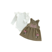 (3-6 Months, Army Green) Conjunto de falda de otoño para bebé niña, pelele de manga larga acanalado con bordados.
