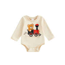 (6-12 Months, Beige) Salopetă bebeluși cu mânecă lungă, guler rotund, imprimeu trenă și urs, toamnă pentru nou-născuți.