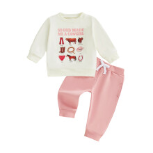 (3-4 Years, Apricot) Set de 2 piese pentru fete, stil cowgirl, imprimeu litere, bluză cu mânecă lungă și pantaloni elastici.