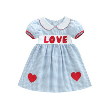 (12-18 Months, Blue) Mädchen Valentinstagskleid mit Karos, Buchstabenprint, kurzen Ärmeln, Puppenkragen, A-Linie für Frühling und Sommer