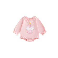 (12-18 Months, Pink) Baby-Mädchen-Strampler zum ersten Geburtstag, lockere Passform, Cupcake-Stickerei, Puppenhalsausschnitt, lange Ärmel