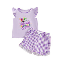 (6-12 Months, Purple) Conjunto de 2 piezas para bebé niña estilo Mardi Gras: top con volantes y bordados, y shorts a cuadros.