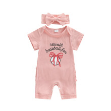 (0-3 Months, Multicolor) Baby-Mädchen-Strampler, kurzärmlig, Baseball-Muster, gerippter Rundhalsausschnitt, mit Haarband und Schleife