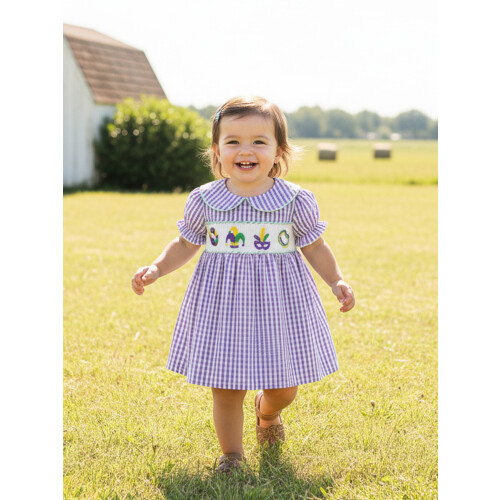 (6-12 Months, Purple) Φόρεμα MardiGras για νήπια, κοριτσάκι, καρό, κοντό μανίκι, Α γραμμή. 2