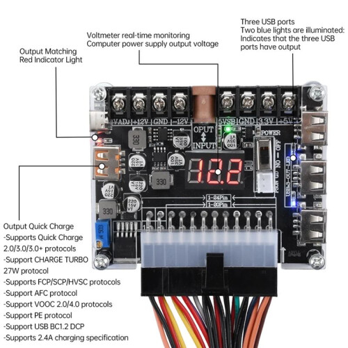 New 20/24 Pin ATX Power Adapter Board Pd2.0/Pd3.0 Power Module Adapter Adjustable Voltage with Red Digital Display 2