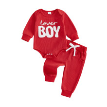 (6-12 Months, Red) Kisfiú Valentin-napi ruhák, hímzett, hosszú ujjú, gofrimintás, hosszú nadrág, 2 db-os szett