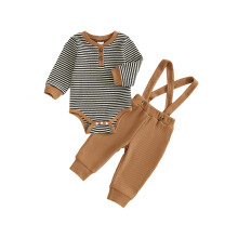 (3-6 Months, Khaki) Conjuntos de 2 piezas para bebés varones, mono de rayas con cuello redondo y manga larga, pantalones con tirantes