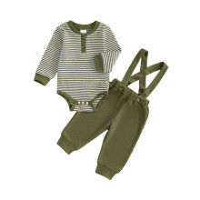 (9-12 Months, Army Green) Conjuntos de 2 piezas para bebés varones, mono de rayas con cuello redondo y manga larga, pantalones con tirantes