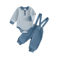 (0-3 Months, Blue) Conjuntos de 2 piezas para bebés varones, mono de rayas con cuello redondo y manga larga, pantalones con tirantes