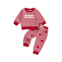 (12-18 Months, Red) Conjunto de 2 piezas para niño con camiseta larga y pantalones con corazón, bordado para el Día de San Valentín