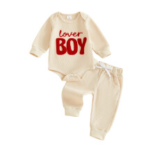(6-12 Months, Beige) Kisfiú Valentin-napi ruhák, hímzett, hosszú ujjú, gofrimintás, hosszú nadrág, 2 db-os szett