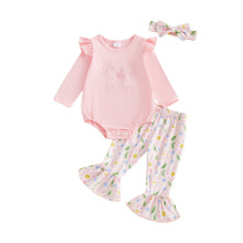 (3-6 Months, Pink) Set bebeluși 3 pantaloni evazați.