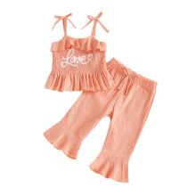(9-12 Months, Pink) Conjunto de ropa San Valentín para niñas, blusa sin mangas y pantalones acampanados, 2 piezas con corazón bordado.