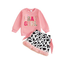 (2-3 Years, Pink) Set de haine pentru fete mici, cu mânecă lungă, broderie cu litere, pulover cu imprimeu de vacă, 2 buc, ținute