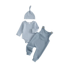 (0-3 Months, Blue) Conjunto de 3 piezas para bebé: mono de rayas, overol sólido y gorro, ropa de recién nacido