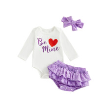 (6-12 Months, Purple) Set de 3 piese pentru bebeluși cu bandă de susținător, salopetă cu inimă și litere, pantaloni scurți, funde.