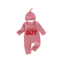 (Newborn, Red) Salopetă de Ziua Îndrăgostiților băieți, cu dungi, broderie, mânecă lungă, guler rotund, cu pălărie