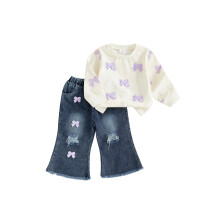 (5-6 Years, Purple) Conjunto de 2 piezas: jersey de cuello redondo con lazo y pantalones acampanados rotos para niña pequeña.