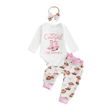 (6-12 Months, White) 3 buc. ținute pentru bebeluși fete, salopă lungă + pantaloni + bandă, set toamnă