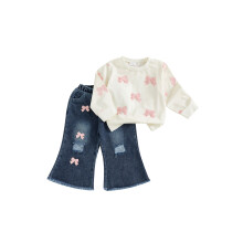 (3-4 Years, Pink) Conjunto de 2 piezas: jersey de cuello redondo con lazo y pantalones acampanados rotos para niña pequeña.