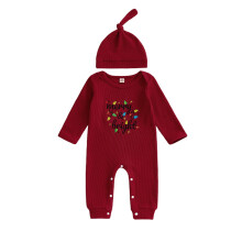 (3-6 Months, Red) Salopetă de Crăciun pentru bebeluși băieți, cu imprimeu, broderie, mânecă lungă, guler rotund, pălărie.