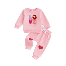 (18-24 Months, Pink) Conjunto de 2 piezas para bebé niña: sudadera bordada y pantalón con corazones para San Valentín.