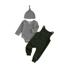 (0-3 Months, Black) Conjunto de 3 piezas para bebé: mono de rayas, overol sólido y gorro, ropa de recién nacido
