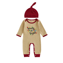 (3-6 Months, Apricot) Salopetă de Crăciun pentru bebeluși băieți, cu imprimeu, broderie, mânecă lungă, guler rotund, pălărie.