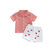 (18-24 Months, Red) Conjunto San Valentín para bebé: camisa corta a cuadros y shorts de corazones, 2 piezas.