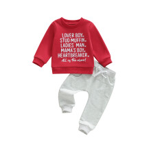 (0-6 Months, Red) Conjunto de primavera niño: jersey de manga larga con estampado + pantalón liso con cintura elástica (2 piezas).
