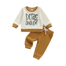 (2-3 Years, Beige) Conjunto de otoño para bebé: sudadera de manga larga con estampado y pantalón liso, tejido de punto gofrado.