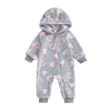 (9-12 Months, Gray) Baby-Winter-Flanell-Strampler mit Reißverschluss, Herzmuster, lange Ärmel, Kapuze, Jumpsuit für Neugeborene