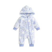 (6-9 Months, Blue) Baby-Winter-Flanell-Strampler mit Reißverschluss, Herzmuster, lange Ärmel, Kapuze, Jumpsuit für Neugeborene