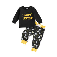 (18-24 Months, Black) Conjunto de Año Nuevo para bebé: suéter de manga larga con bordado y pantalones estampados (2 piezas).