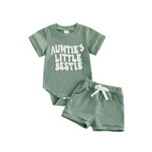 (12-18 Months, Army Green) Conjunto de 2 piezas para bebé niño/niña: ropa de verano, mono de manga corta con bordado de letras y shorts.