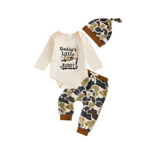 (3-6 Months, Khaki) Conjunto 3 piezas bebé: pelele manga larga con peces, pantalones camuflaje y gorro.