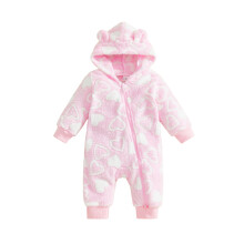 (3-6 Months, Pink) Baby-Winter-Flanell-Strampler mit Reißverschluss, Herzmuster, lange Ärmel, Kapuze, Jumpsuit für Neugeborene