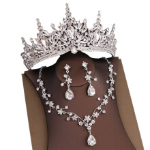 Baroque Wedding Crown for 3-Pack Tiara Earrings Jewelry Set Champagne Crystal Birthday Gift Silver Color
