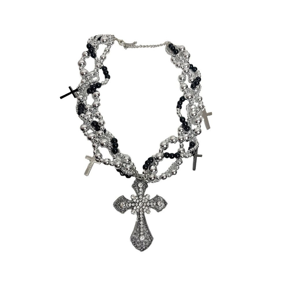 Punk Gothic Lolita Necklace - Pearl With Crucifix Catholic Crystal, Unique Pearl Jewelry Gifts For Women B Dark 4711628390706