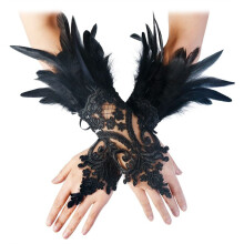 Lace Feather Gloves, Swan Wings Wrist Bands, Witch Angel Costume Accessories Black