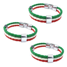 3X Jewelry Bracelet, Italian Flag Bangle, Leather Alloy, for Men'S Women, Green White Red (Width 14 mm, Length 23 cm)