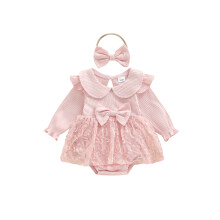 (6-12 Months, Pink) Baby-Mädchen Herbstoutfit, 2-teilig: Stramplerkleid mit Puppenkragen, langen Ärmeln und passendem Haarband.
