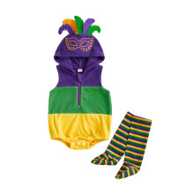 (6-12 Months, Purple) Baby-Mardi-Gras-Kostüm: Ärmelloser Strampler mit Kapuze und lange Socken (Set für Babys)